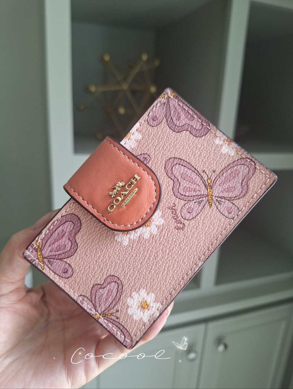 New Coach CH608 Accordion Card Case W Lovely Butterfly Print Leather Shell Pink